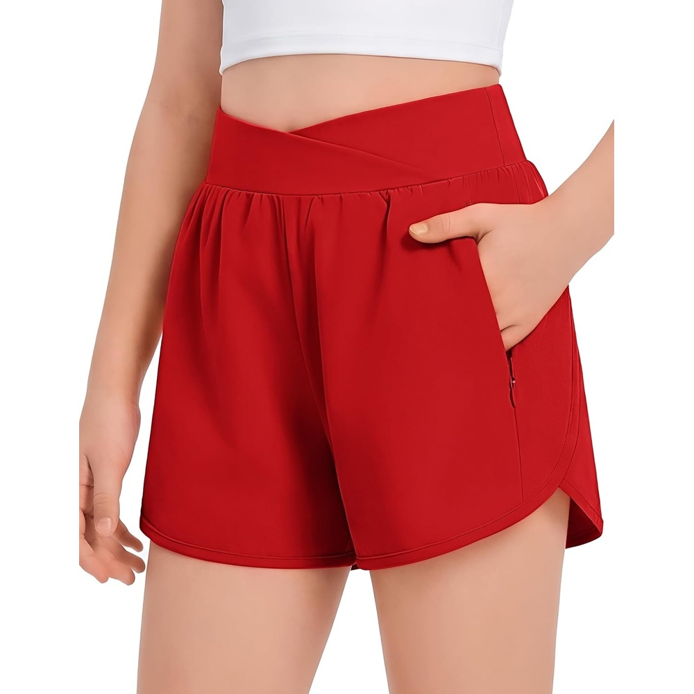 image:imageArshiner Girls Athletic Shorts Crossover High Waisted 2 in 1 Running Shorts with Pockets for Kids Sports Volleyball SoccerRed