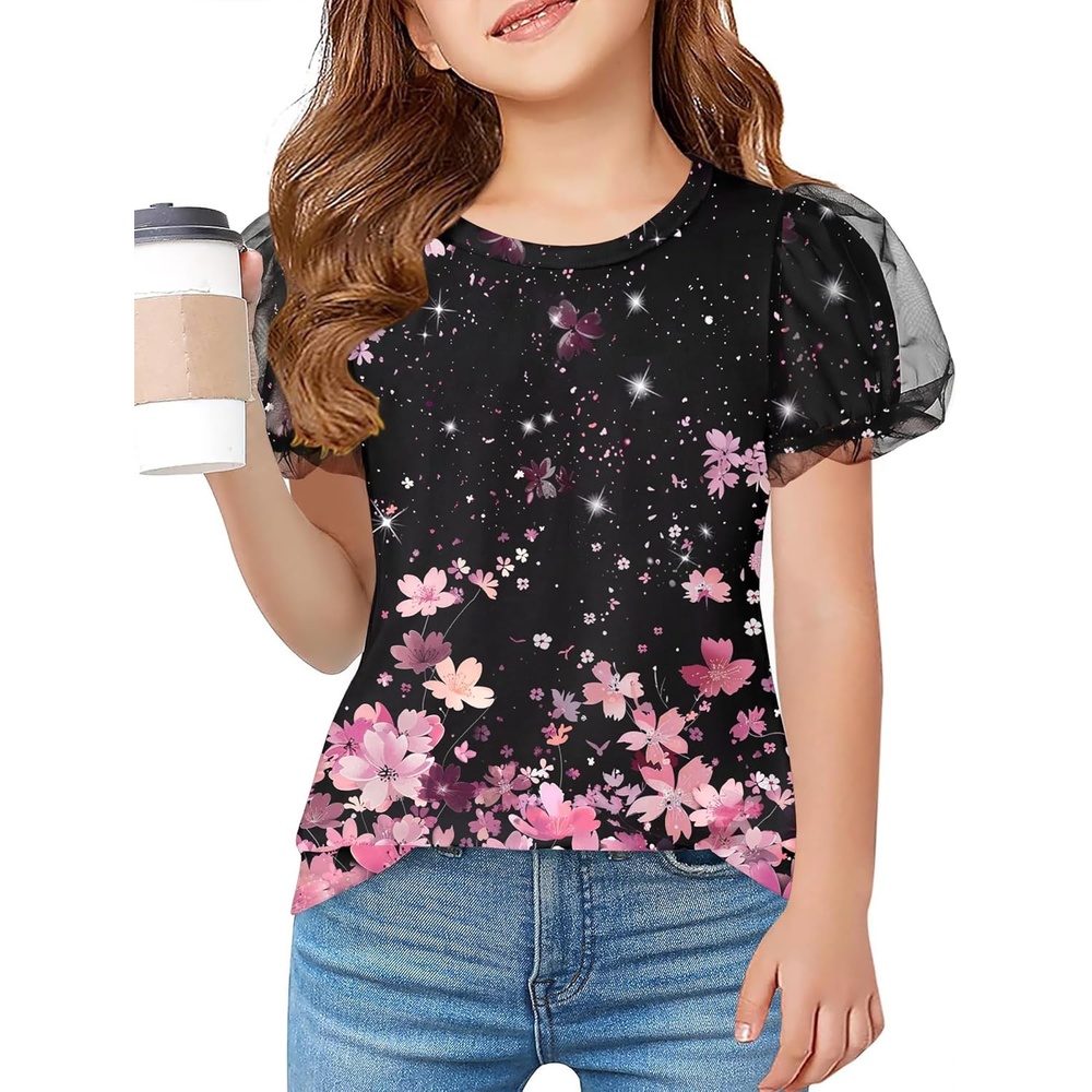 image:imageArshiner Girls Shirts Mesh Puff Short Sleeves Blouse Crewneck Cute Print Summer Kids Tee TopsFlowersblack and Pink