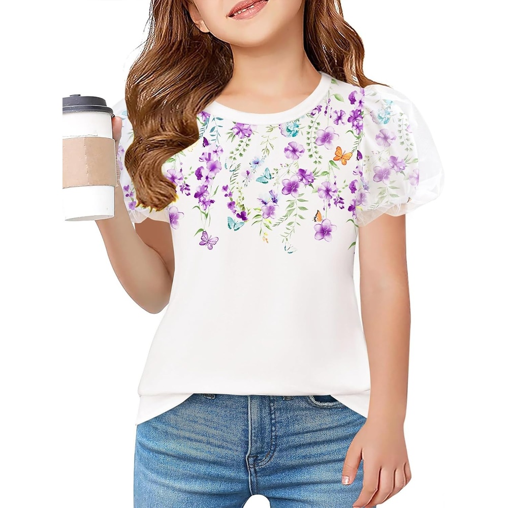 image:imageArshiner Girls Shirts Mesh Puff Short Sleeves Blouse Crewneck Cute Print Summer Kids Tee TopsFlowerspurple
