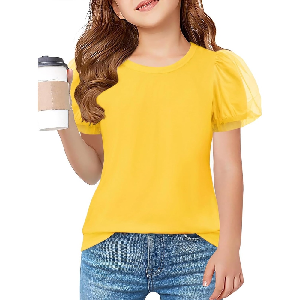 image:imageArshiner Girls Shirts Mesh Puff Short Sleeves Blouse Crewneck Cute Print Summer Kids Tee TopsYellow