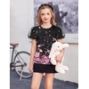 Arshiner Girls Shirts Mesh Puff Short Sleeves Blouse Crewneck Cute Print Summer Kids Tee Tops(Flowers-black and Pink)