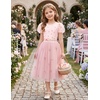 Arshiner Girls Shirts Mesh Puff Short Sleeves Blouse Crewneck Cute Print Summer Kids Tee Tops(Flowers-pink)
