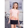Arshiner Girls Shirts Mesh Puff Short Sleeves Blouse Crewneck Cute Print Summer Kids Tee Tops(Flowers-pink)