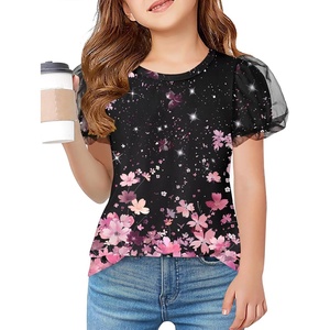 Arshiner Girls Shirts Mesh Puff Short Sleeves Blouse Crewneck Cute Print Summer Kids Tee Tops(Flowers-black and Pink)