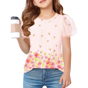 Arshiner Girls Shirts Mesh Puff Short Sleeves Blouse Crewneck Cute Print Summer Kids Tee Tops(Flowers-pink)