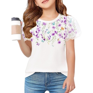 Arshiner Girls Shirts Mesh Puff Short Sleeves Blouse Crewneck Cute Print Summer Kids Tee Tops(Flowers-purple)