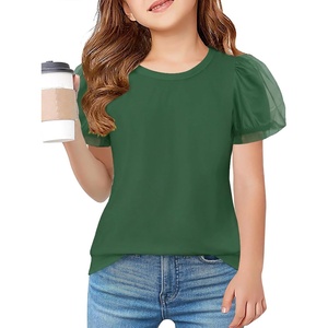 Arshiner Girls Shirts Mesh Puff Short Sleeves Blouse Crewneck Cute Print Summer Kids Tee Tops(Forest Green)