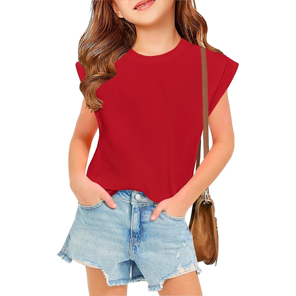 image:imageArshiner Girls T Shirts Cap Sleeves Casual Summer Tops Crewneck Tank Loose Fit Fashion Blouse TeeRed