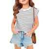 Arshiner Girls T Shirts Cap Sleeves Casual Summer Tops Crewneck Tank Loose Fit Fashion Blouse Tee(Black&white Stripe)
