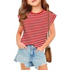 Arshiner Girls T Shirts Cap Sleeves Casual Summer Tops Crewneck Tank Loose Fit Fashion Blouse Tee(Red Stripe)