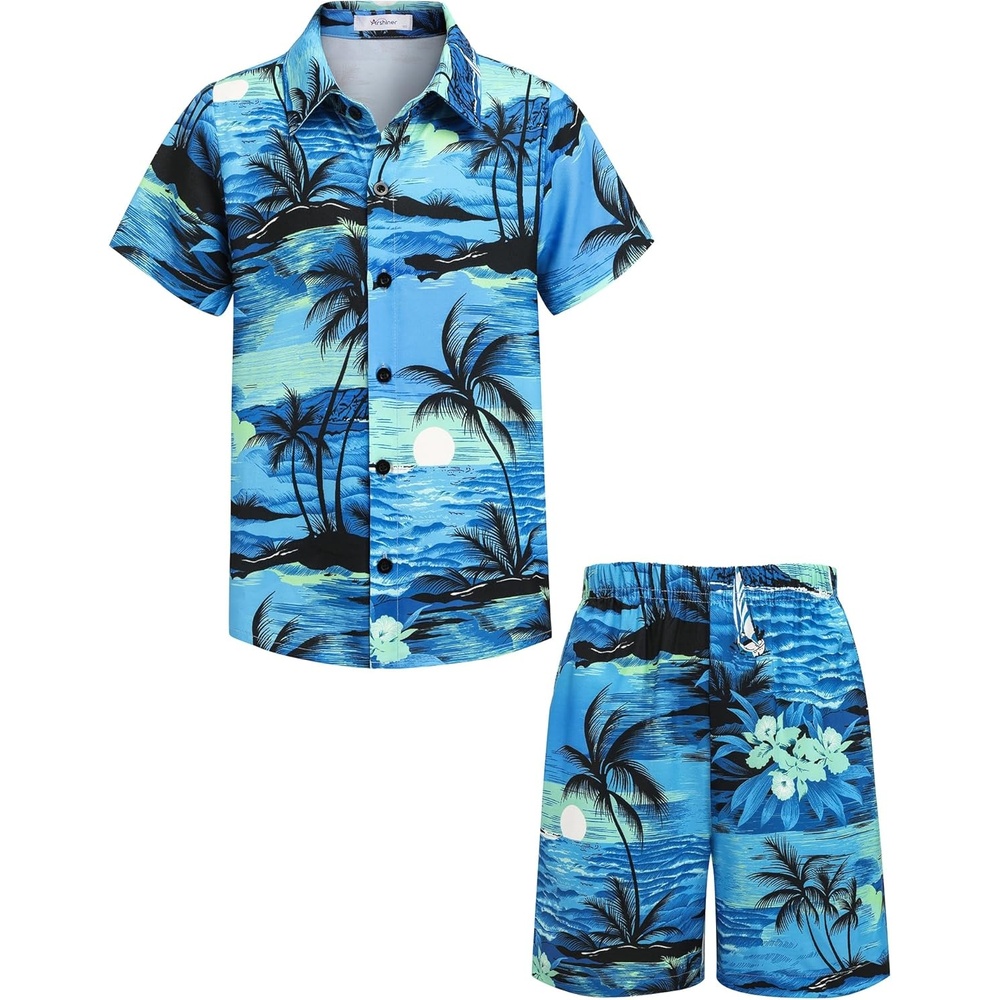 image:imageArshiner Boys 2 Piece Outfits Hawaiian Shorts Sets Button Down Shirt and Shorts Summer Beach Clothes for 212 YearsPalm Tree  Flower  Blue