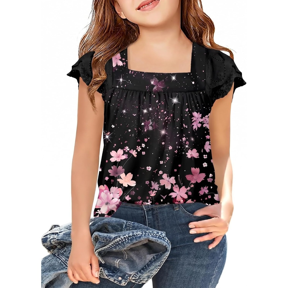image:imageArshiner Girls Shirts Short Sleeve Square Neck Summer Lace Openwork Pleated Tops Blouse TunicFloral Black