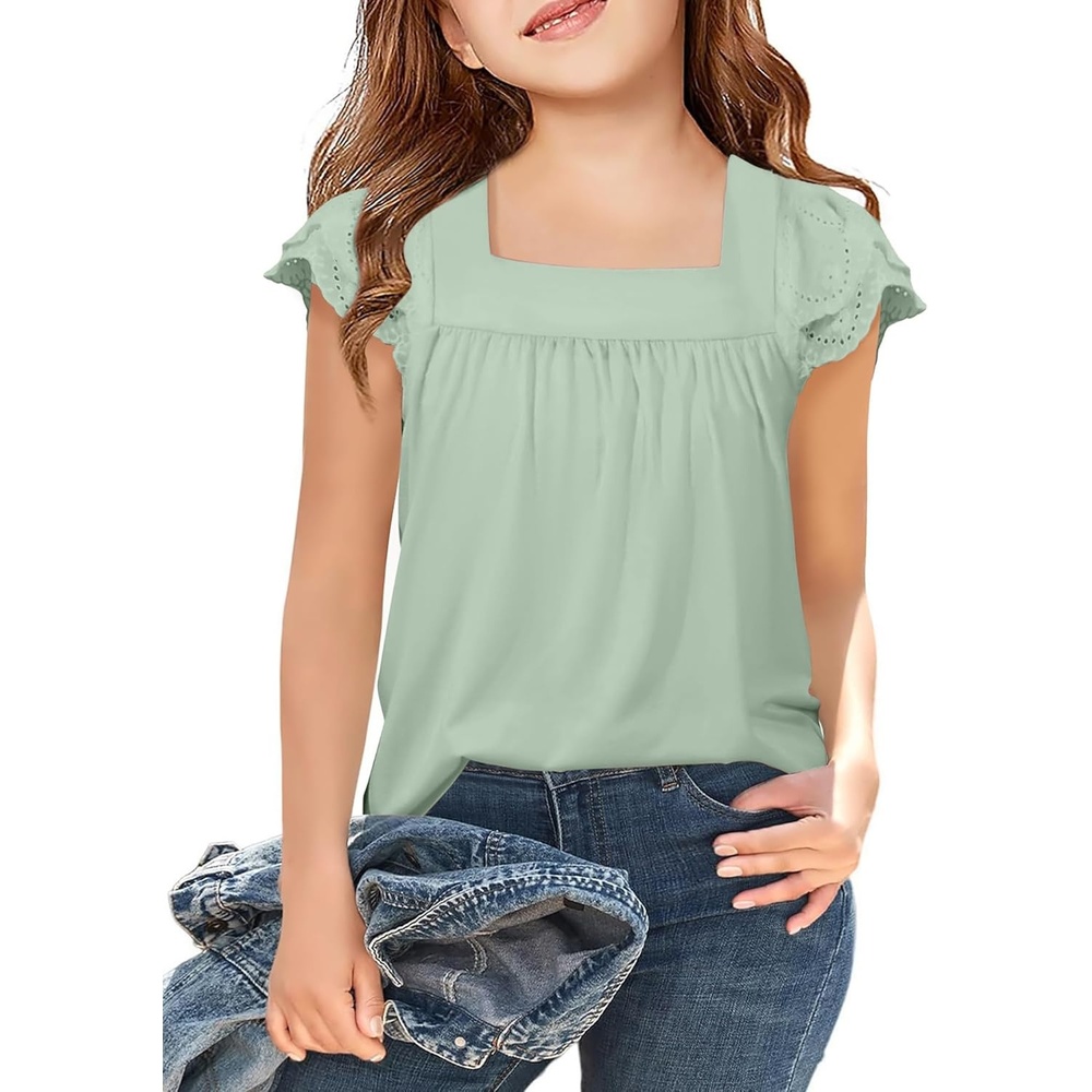 image:imageArshiner Girls Shirts Short Sleeve Square Neck Summer Lace Openwork Pleated Tops Blouse TunicLight Green