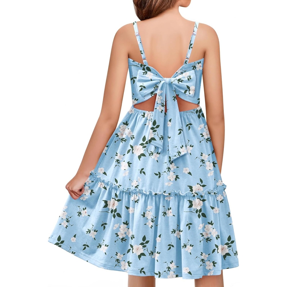 image:imageArshiner Girls Tie Back Dress Spaghetti Strap Ruffle Hem Casual Summer Beach Sundress with PocketsBlue Floral