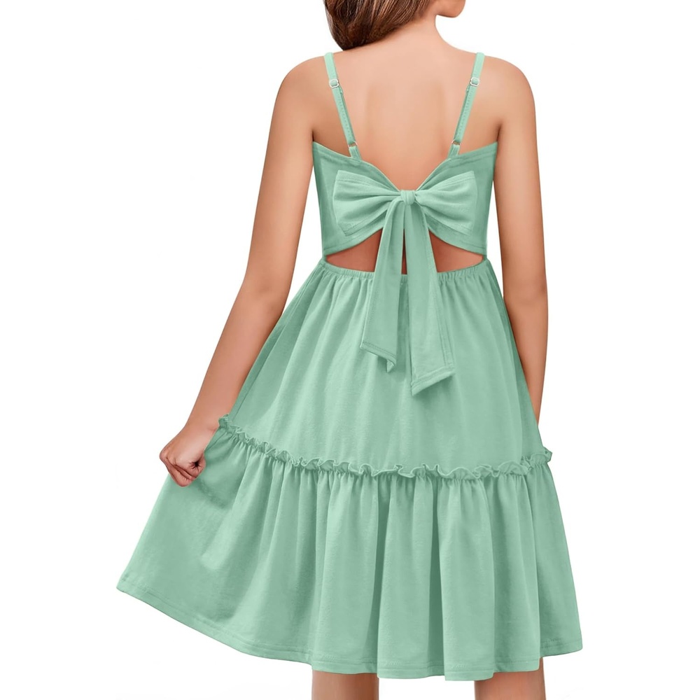 image:imageArshiner Girls Tie Back Dress Spaghetti Strap Ruffle Hem Casual Summer Beach Sundress with PocketsLight Green