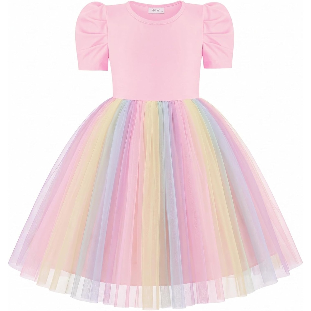 image:imageArshiner Toddler Girls Tutu Dresses Party Formal Birthday Summer Puff Short Sleeve Tulle Little Girls DressPink Rainbow