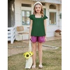 Arshiner Girls Shirts Short Sleeve Square Neck Summer Lace Openwork Pleated Tops Blouse Tunic(Dark Green)