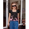 Arshiner Girls Shirts Short Sleeve Square Neck Summer Lace Openwork Pleated Tops Blouse Tunic(Floral Black)
