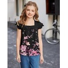 Arshiner Girls Shirts Short Sleeve Square Neck Summer Lace Openwork Pleated Tops Blouse Tunic(Floral Black)