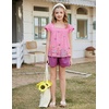 Arshiner Girls Shirts Short Sleeve Square Neck Summer Lace Openwork Pleated Tops Blouse Tunic(Floral Pink)