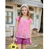 Arshiner Girls Shirts Short Sleeve Square Neck Summer Lace Openwork Pleated Tops Blouse Tunic(Floral Pink)