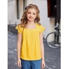 Arshiner Girls Shirts Short Sleeve Square Neck Summer Lace Openwork Pleated Tops Blouse Tunic(Gold Yellow)