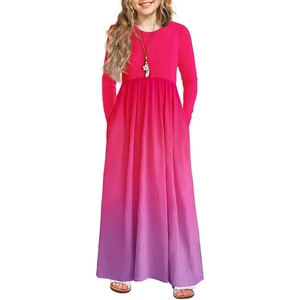 Arshiner Girls Maxi Dress Long/Short Sleeve Casual Holiday Dress with Pockets for 5-13 Years(Long Sleeve Rose Red Gradient)