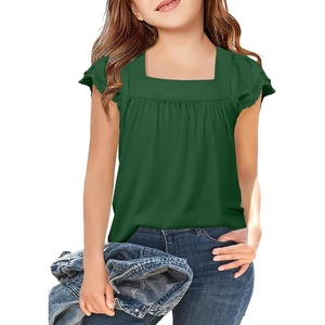Arshiner Girls Shirts Short Sleeve Square Neck Summer Lace Openwork Pleated Tops Blouse Tunic(Dark Green)