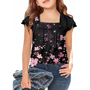 Arshiner Girls Shirts Short Sleeve Square Neck Summer Lace Openwork Pleated Tops Blouse Tunic(Floral Black)