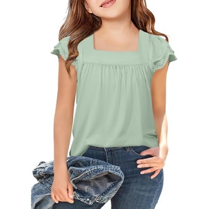 Arshiner Girls Shirts Short Sleeve Square Neck Summer Lace Openwork Pleated Tops Blouse Tunic(Light Green)