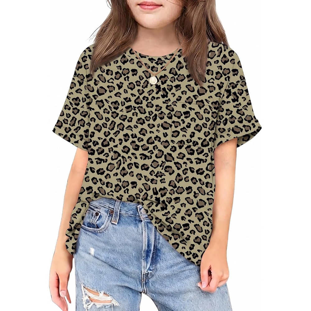 image:imageArshiner Girls Oversized T Shirts with Pocket Short Sleeve Basic Crewneck Summer Casual Loose Tops Clothes 514 YearsLeopard Print