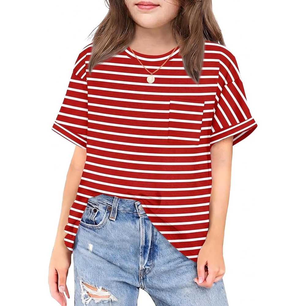 image:imageArshiner Girls Oversized T Shirts with Pocket Short Sleeve Basic Crewneck Summer Casual Loose Tops Clothes 514 YearsRed Stripe