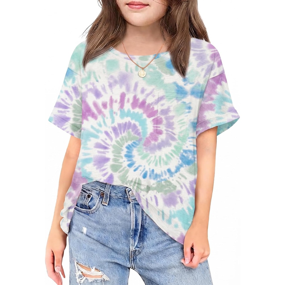 image:imageArshiner Girls Oversized T Shirts with Pocket Short Sleeve Basic Crewneck Summer Casual Loose Tops Clothes 514 YearsTie Dyeb
