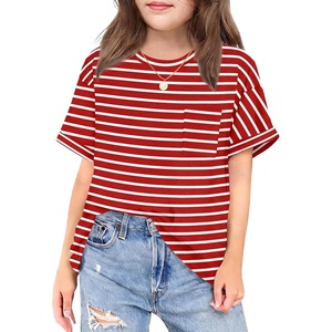 Arshiner Girls Oversized T Shirts with Pocket Short Sleeve Basic Crewneck Summer Casual Loose Tops Clothes 5-14 Years(Red Stripe)