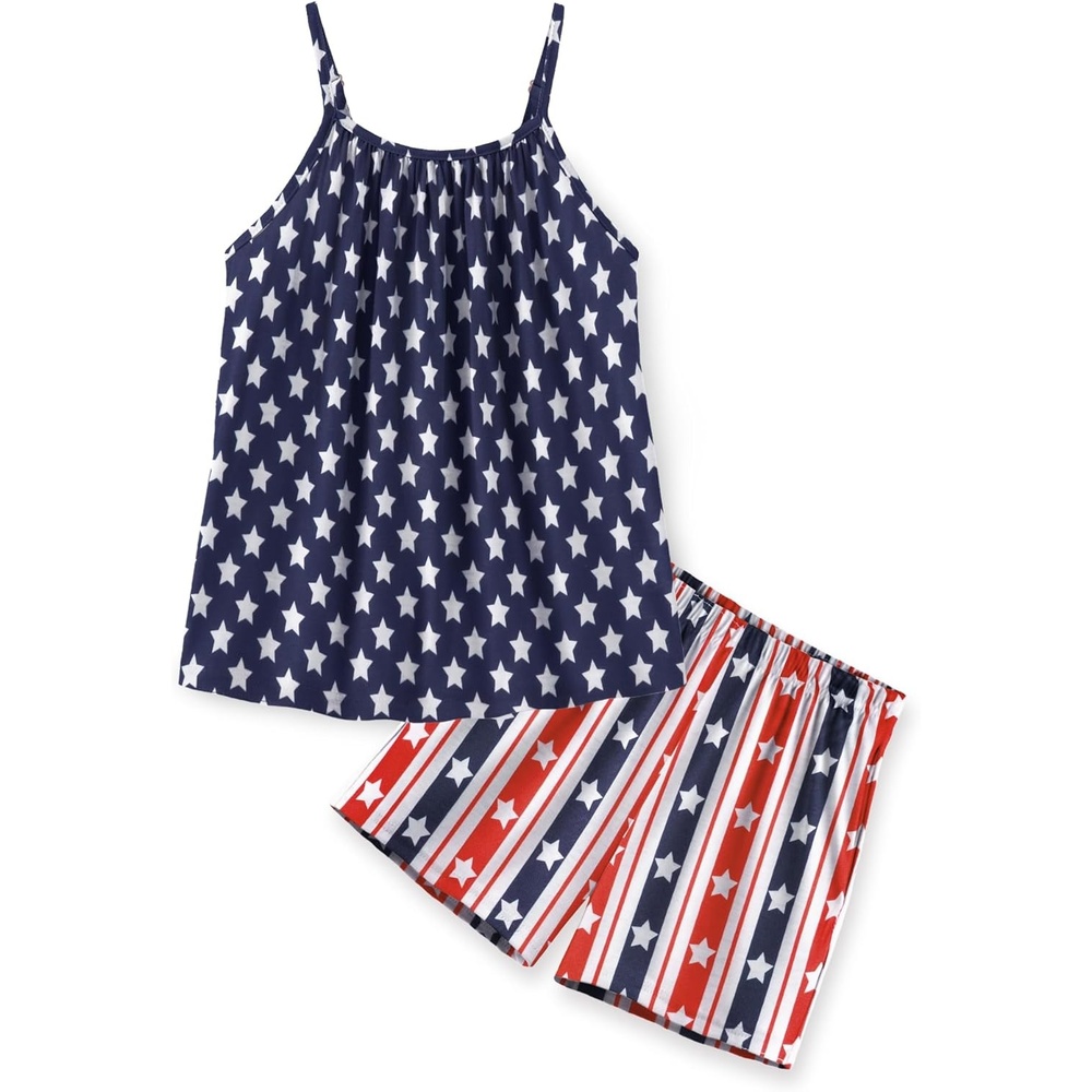 image:imageArshiner Toddler Girl Summer Clothes 2 Piece Loose Spaghetti Strap Tank Top and Short Set Kids Clothing Sets with Pockets4th of July Style