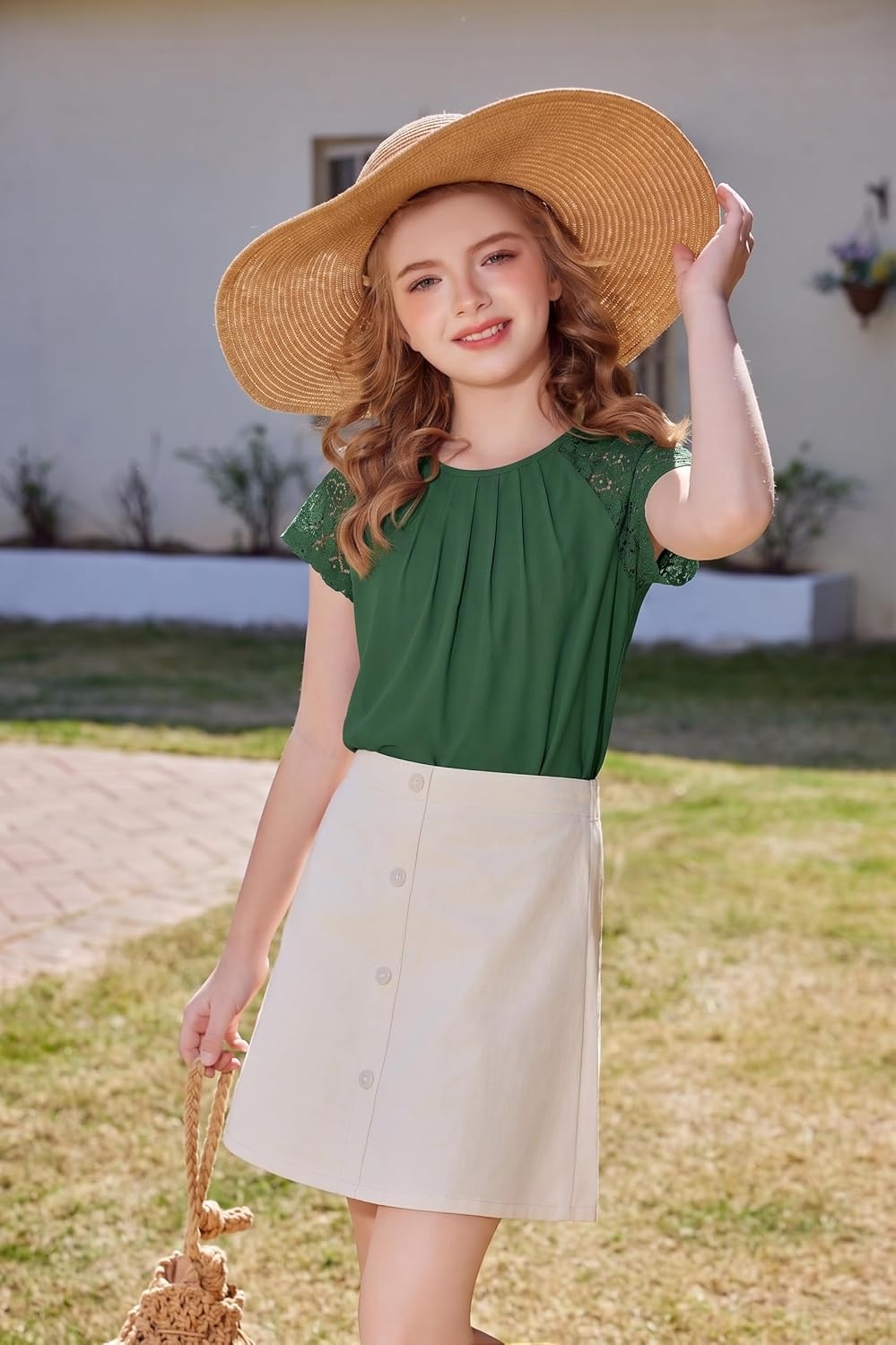 image:imageArshiner Girls Shirts Short Sleeves Lace Pleated Kids Summer Tops Casual Crewneck Blouses TeesForest Green