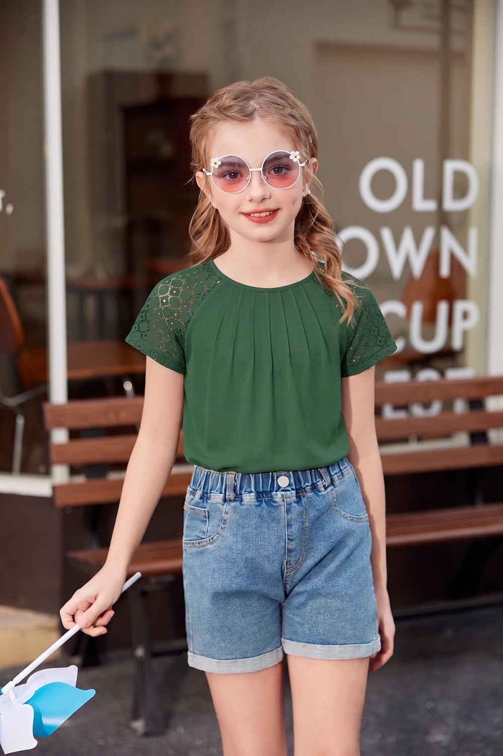 image:imageArshiner Girls Shirts Short Sleeves Lace Pleated Kids Summer Tops Casual Crewneck Blouses TeesForest Green