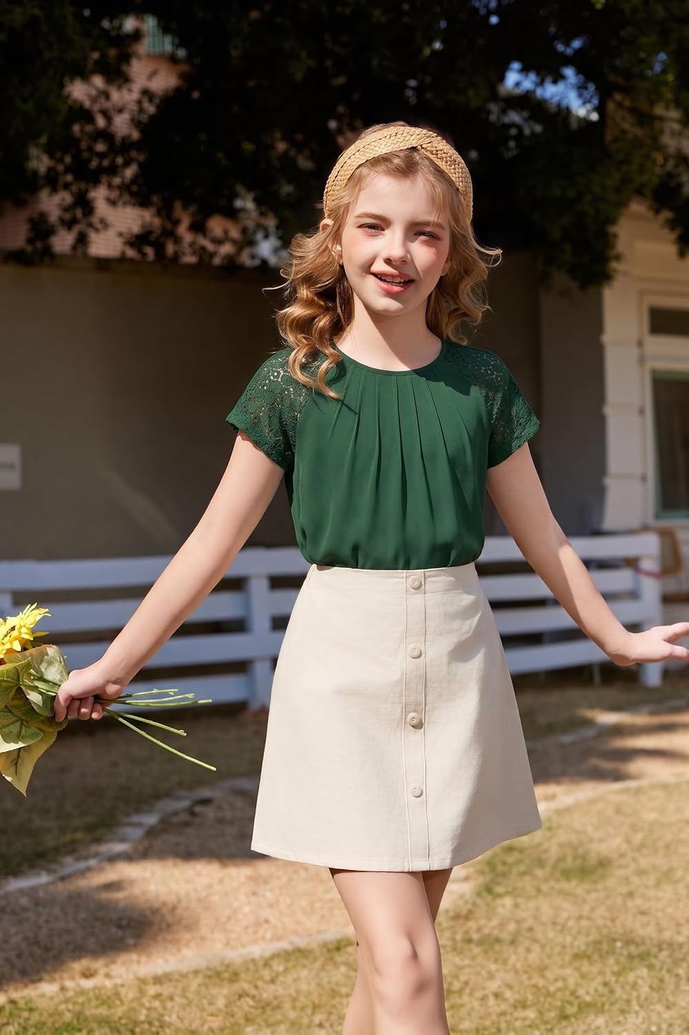image:imageArshiner Girls Shirts Short Sleeves Lace Pleated Kids Summer Tops Casual Crewneck Blouses TeesForest Green