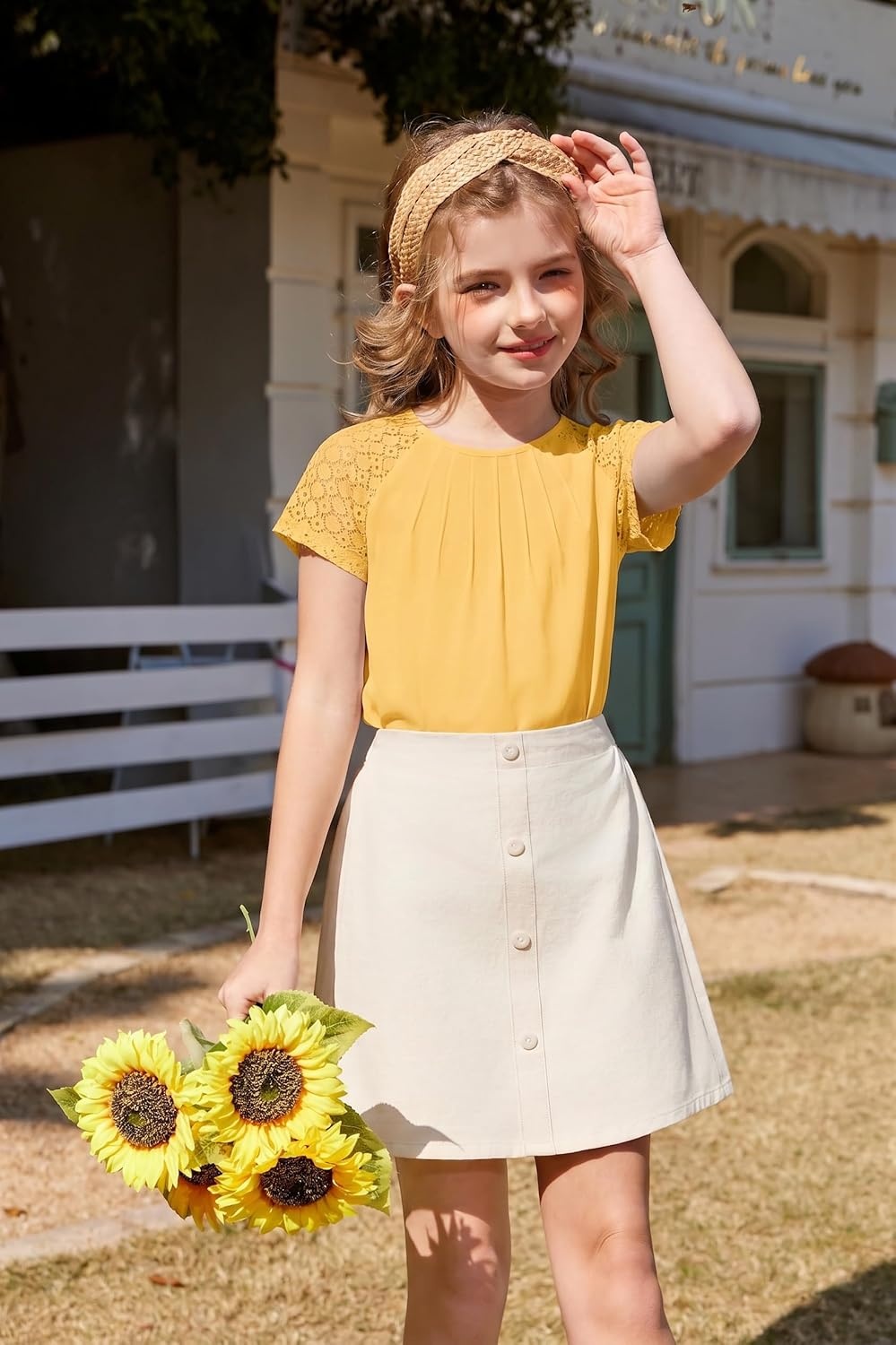 image:imageArshiner Girls Shirts Short Sleeves Lace Pleated Kids Summer Tops Casual Crewneck Blouses TeesTurmeric