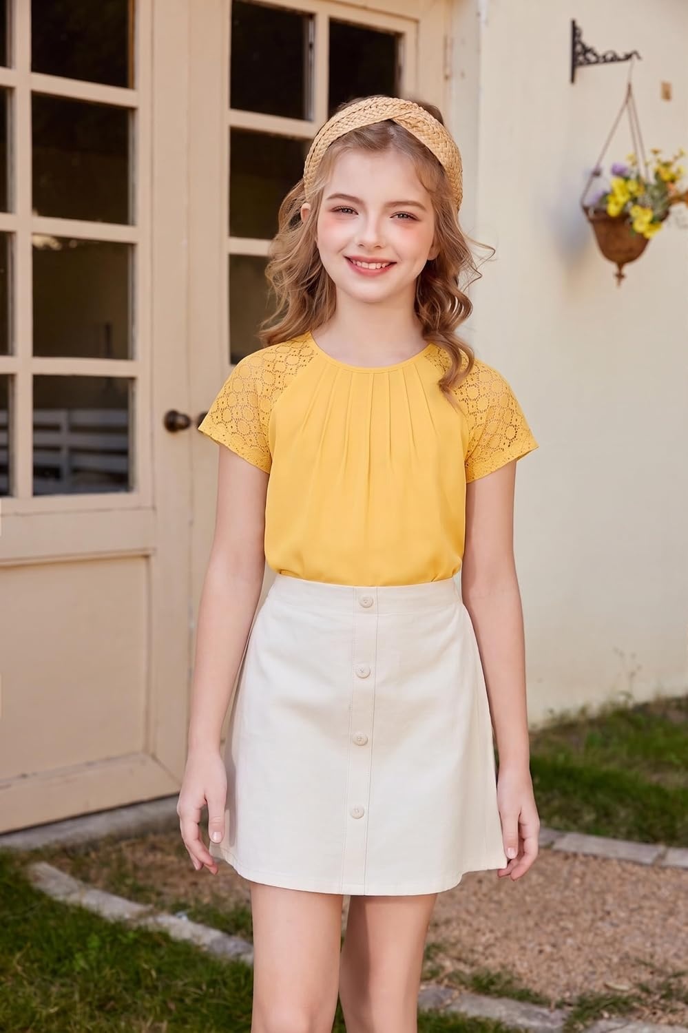 image:imageArshiner Girls Shirts Short Sleeves Lace Pleated Kids Summer Tops Casual Crewneck Blouses TeesTurmeric