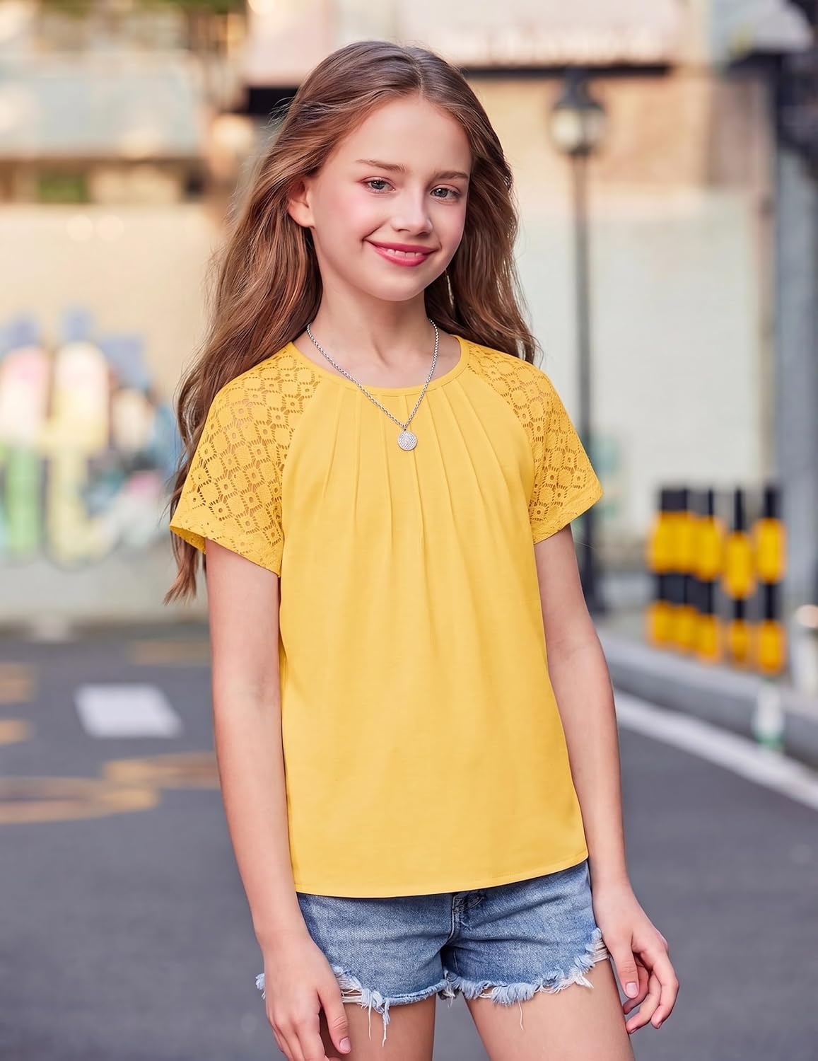 image:imageArshiner Girls Shirts Short Sleeves Lace Pleated Kids Summer Tops Casual Crewneck Blouses TeesTurmeric