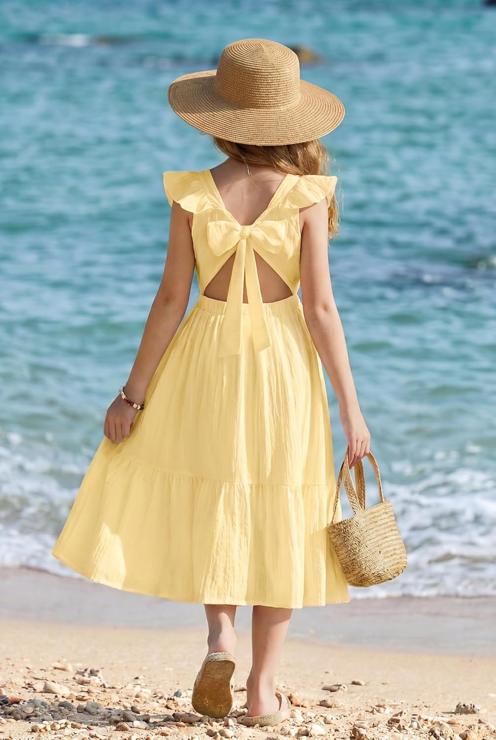 image:imageArshiner Girls Summer Tie Back Dress Tween Boho Casual Square Neck Flutter Sleeve Maxi Dresses with PocketsLight Yellow