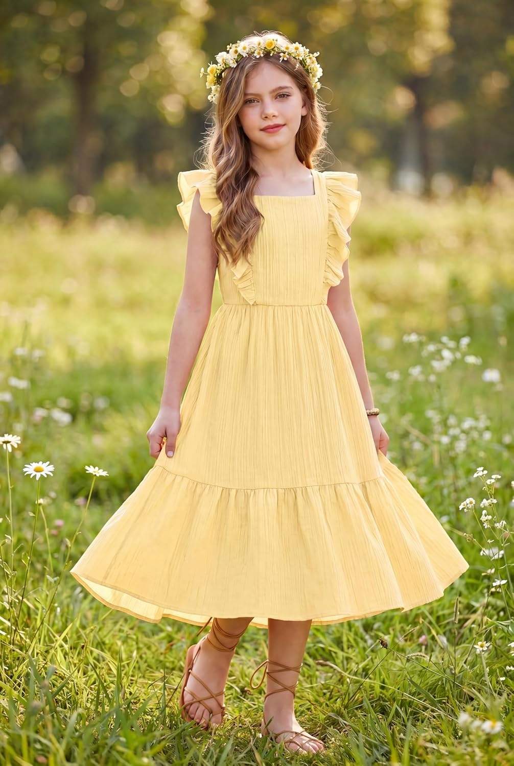 image:imageArshiner Girls Summer Tie Back Dress Tween Boho Casual Square Neck Flutter Sleeve Maxi Dresses with PocketsLight Yellow