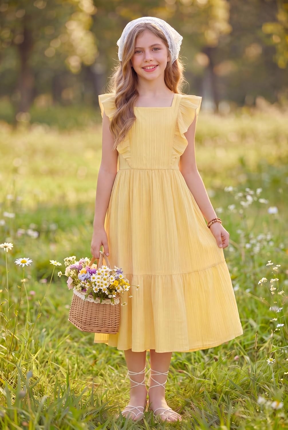 image:imageArshiner Girls Summer Tie Back Dress Tween Boho Casual Square Neck Flutter Sleeve Maxi Dresses with PocketsLight Yellow