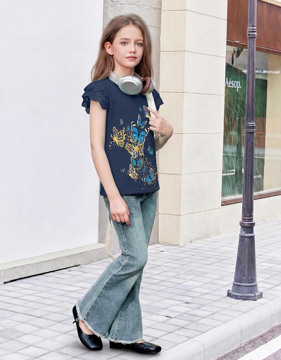 image:imageArshiner Girls T Shirts Lace Petal Short Sleeves Kids Crewneck Casual Blouse Summer Tops TeesButterflynavy Blue