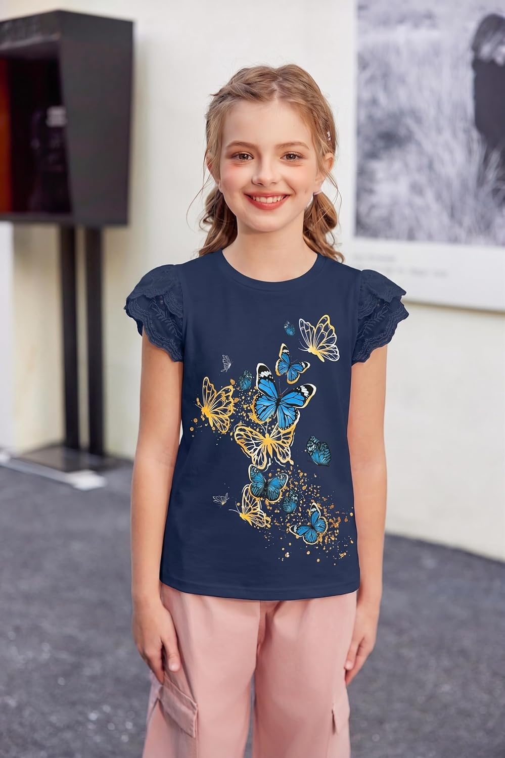 image:imageArshiner Girls T Shirts Lace Petal Short Sleeves Kids Crewneck Casual Blouse Summer Tops TeesButterflynavy Blue
