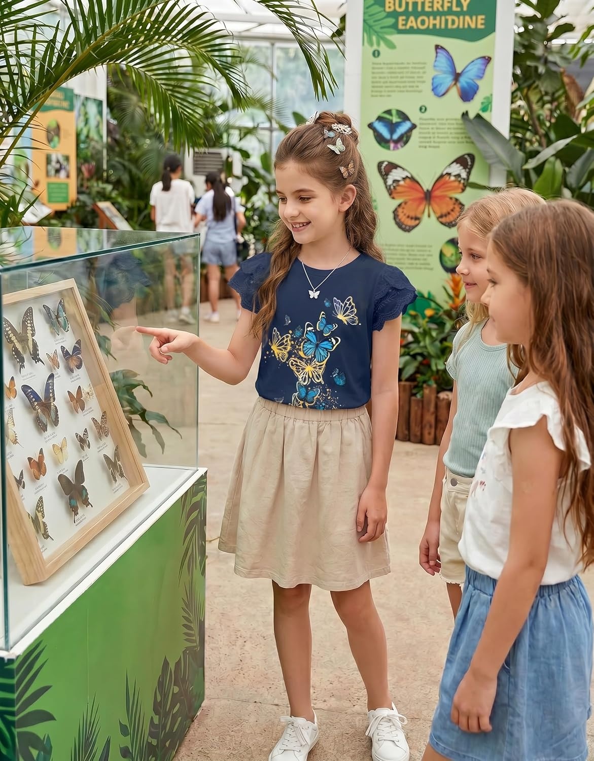 image:imageArshiner Girls T Shirts Lace Petal Short Sleeves Kids Crewneck Casual Blouse Summer Tops TeesButterflynavy Blue