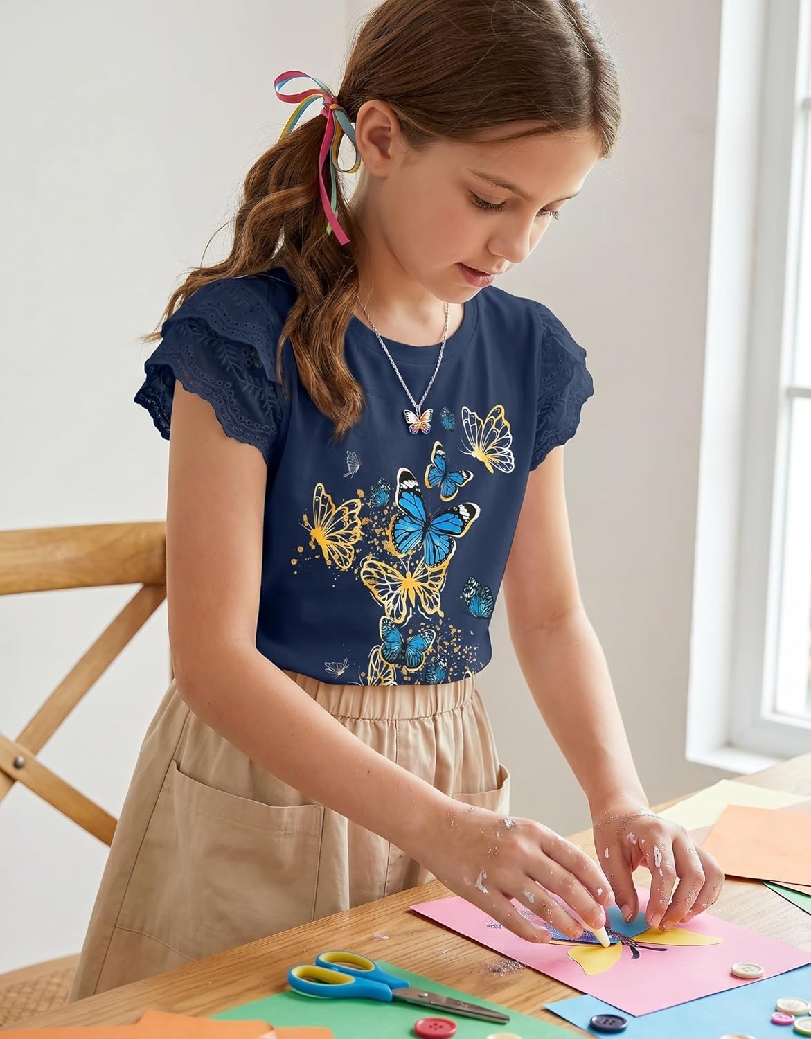 image:imageArshiner Girls T Shirts Lace Petal Short Sleeves Kids Crewneck Casual Blouse Summer Tops TeesButterflynavy Blue