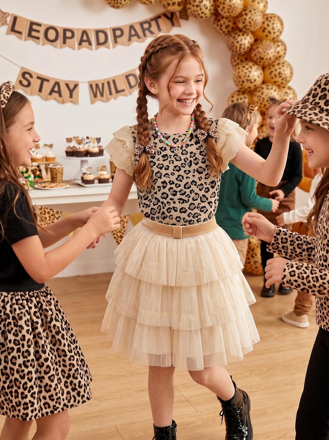 image:imageArshiner Girls T Shirts Lace Petal Short Sleeves Kids Crewneck Casual Blouse Summer Tops TeesLeopard Print