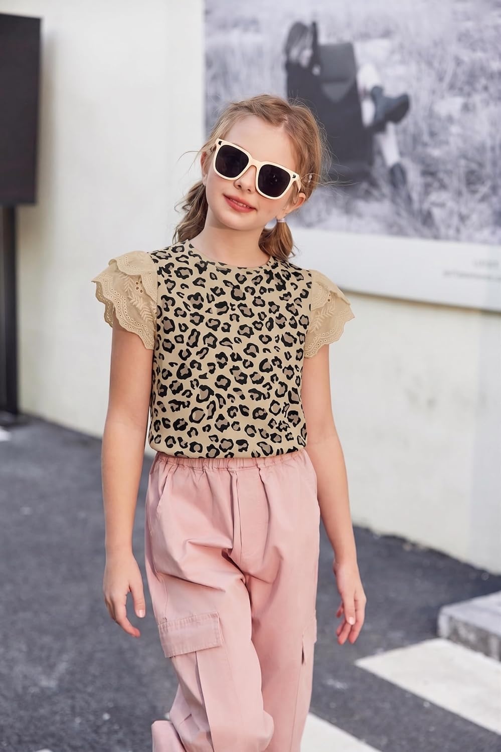image:imageArshiner Girls T Shirts Lace Petal Short Sleeves Kids Crewneck Casual Blouse Summer Tops TeesLeopard Print